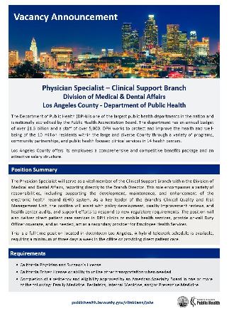 Vacancy Notice for the Physician Specialist position in the Clinical Support Branch, Division of Medical & Dental Affairs