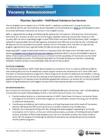 Vacancy Notice for a Physician Specialist  Field Based Substance Use Services in the Substance Abuse Prevention and Control Bureau