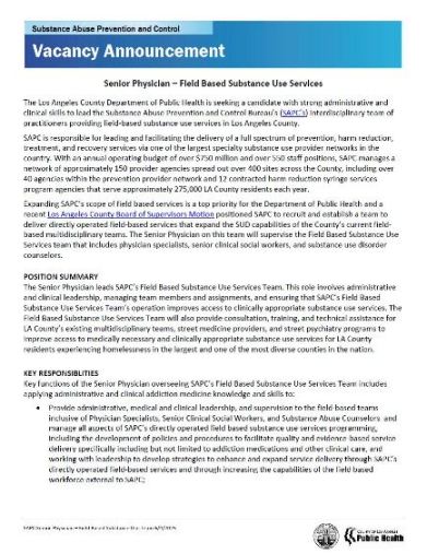 Vacancy Notice for a Senior Physician  Field Based Substance Use Services in the Substance Abuse Prevention and Control Bureau