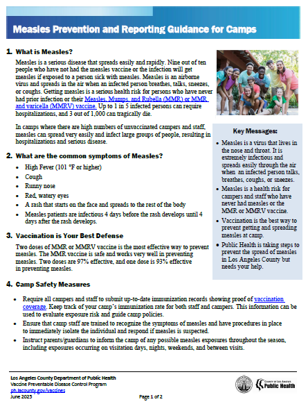 For Camps: Measles Prevention and Reporting Guidance