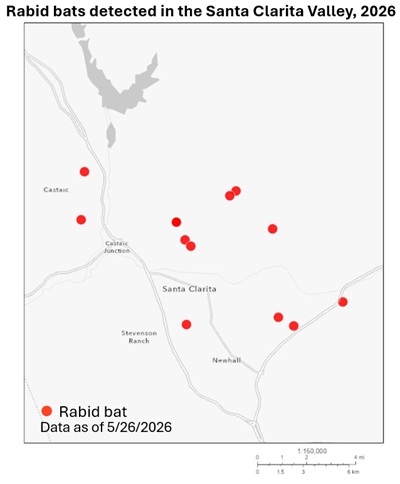 Map showing rabid bat detections in the Santa Clarita area of Los Angeles County since January 1, 2026